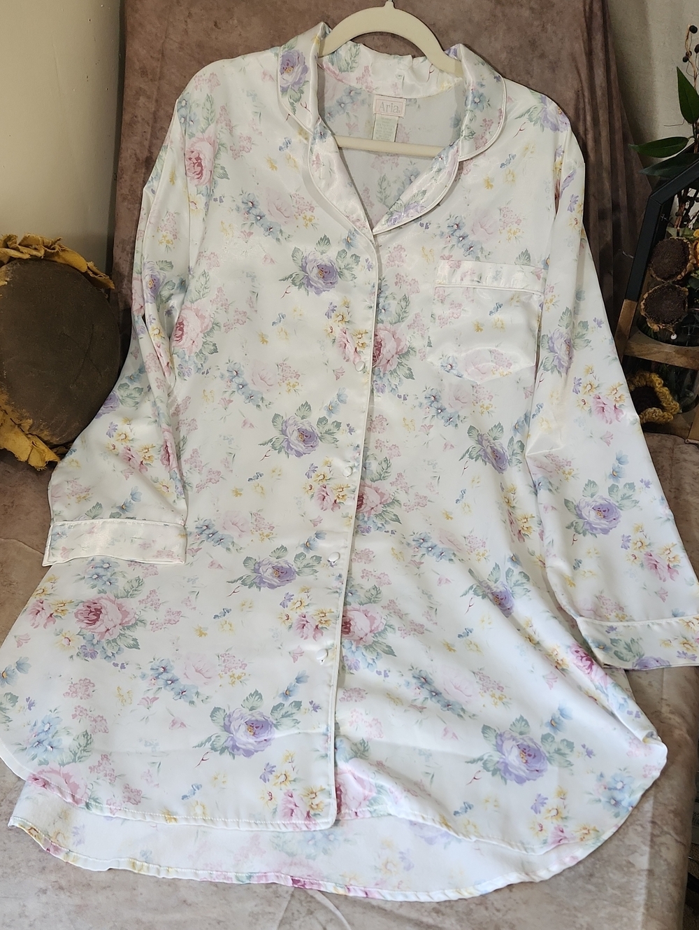 Aria White Satin Nightshirt with Pastel Floral Print